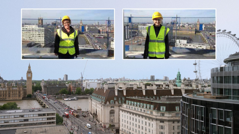 Academic Summer team members on the roof of DLD College London during construction, overlooking Westminster and the London Eye.