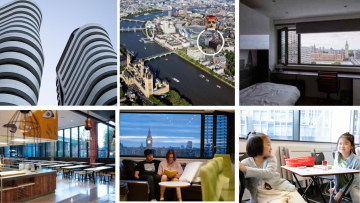 DLD College London campus for Academic Summer, with student rooms, dining areas, classrooms and views of Big Ben.