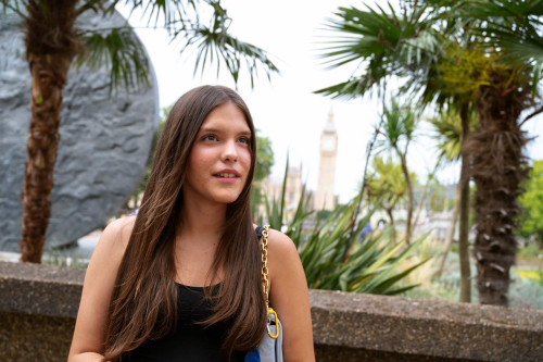 An Academic Summer student on the West Bank in front of the London Eye.